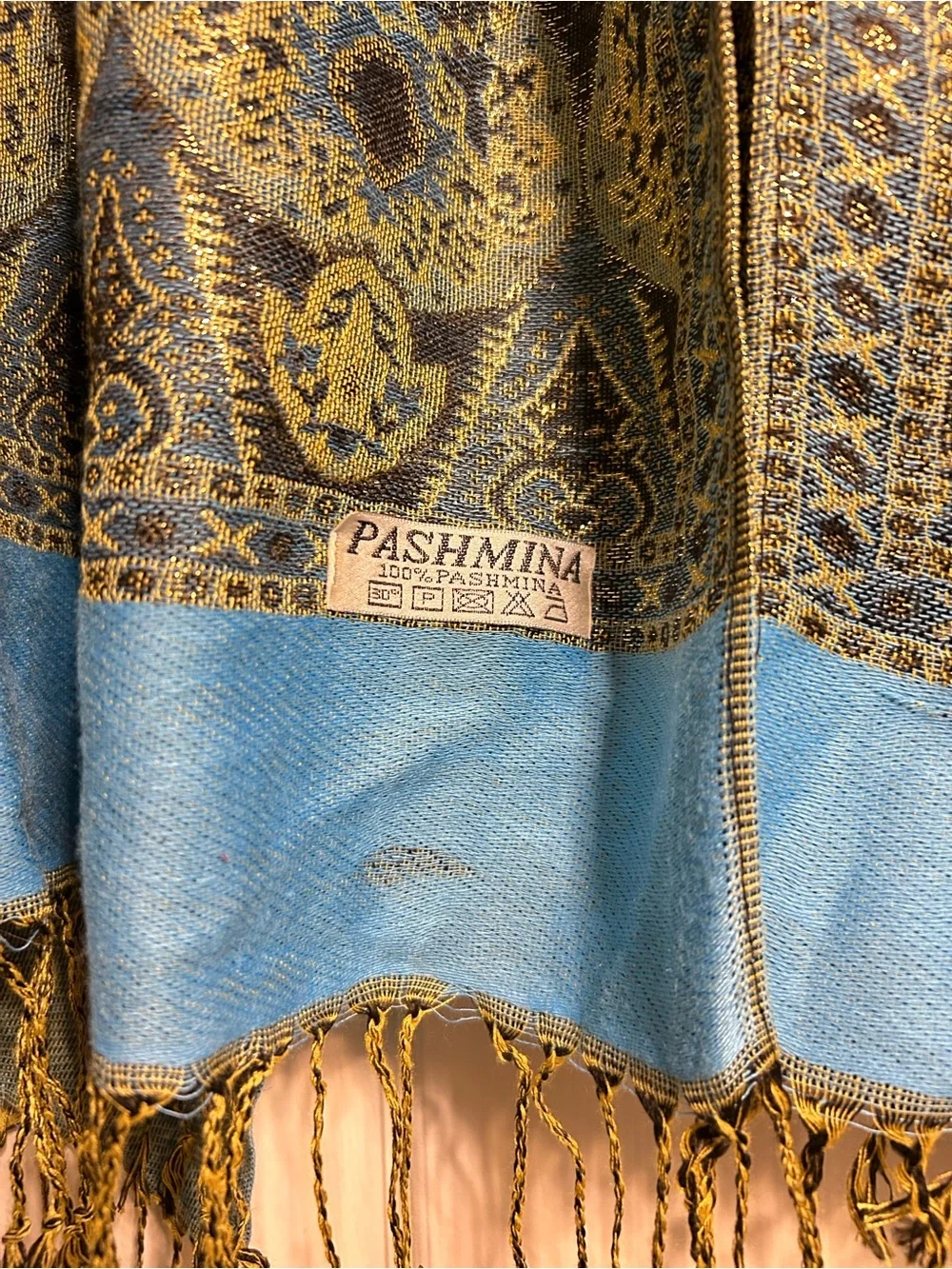 Pashmina Blue Gold Ornate Paisley Shawl Wrap Fringe Boho
